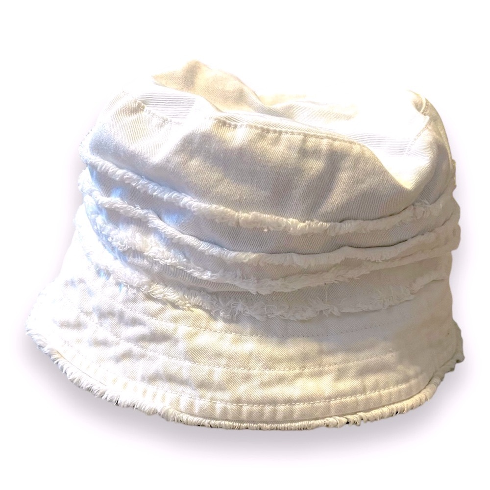 Kids White Distressed Frayed Cotton Bucket Hat Raw Edge Sun Hat Ages 8-11